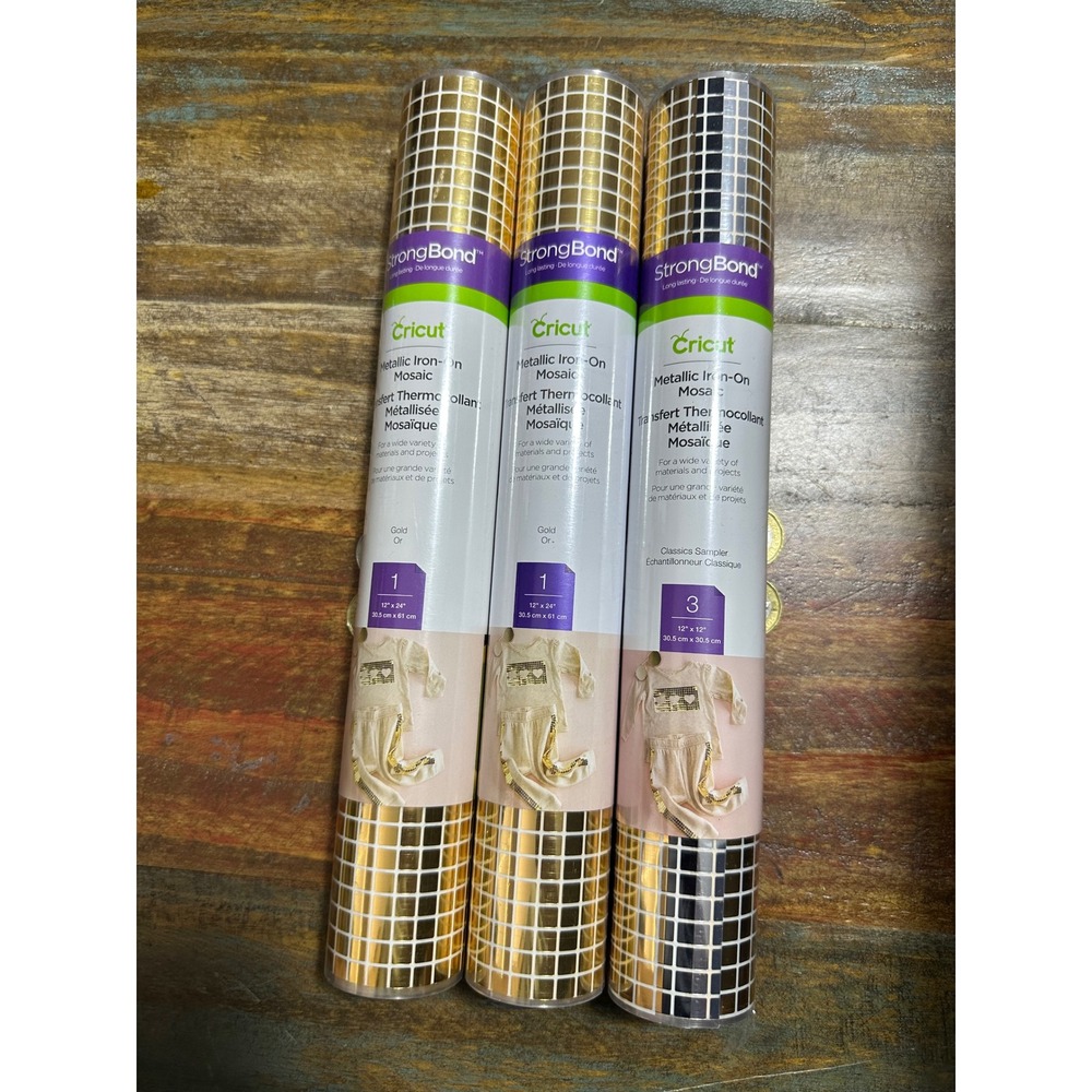 Cricut Metallic Iron-On Mosaic StrongBond Gold and Classics Sampler‎ 3 Rolls